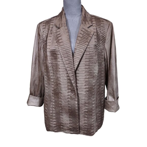 Erin London Pintuck Pleat Blazer Mocha 1 Button Sheen Lined Jacket Plus Sz 1X - Picture 2 of 11